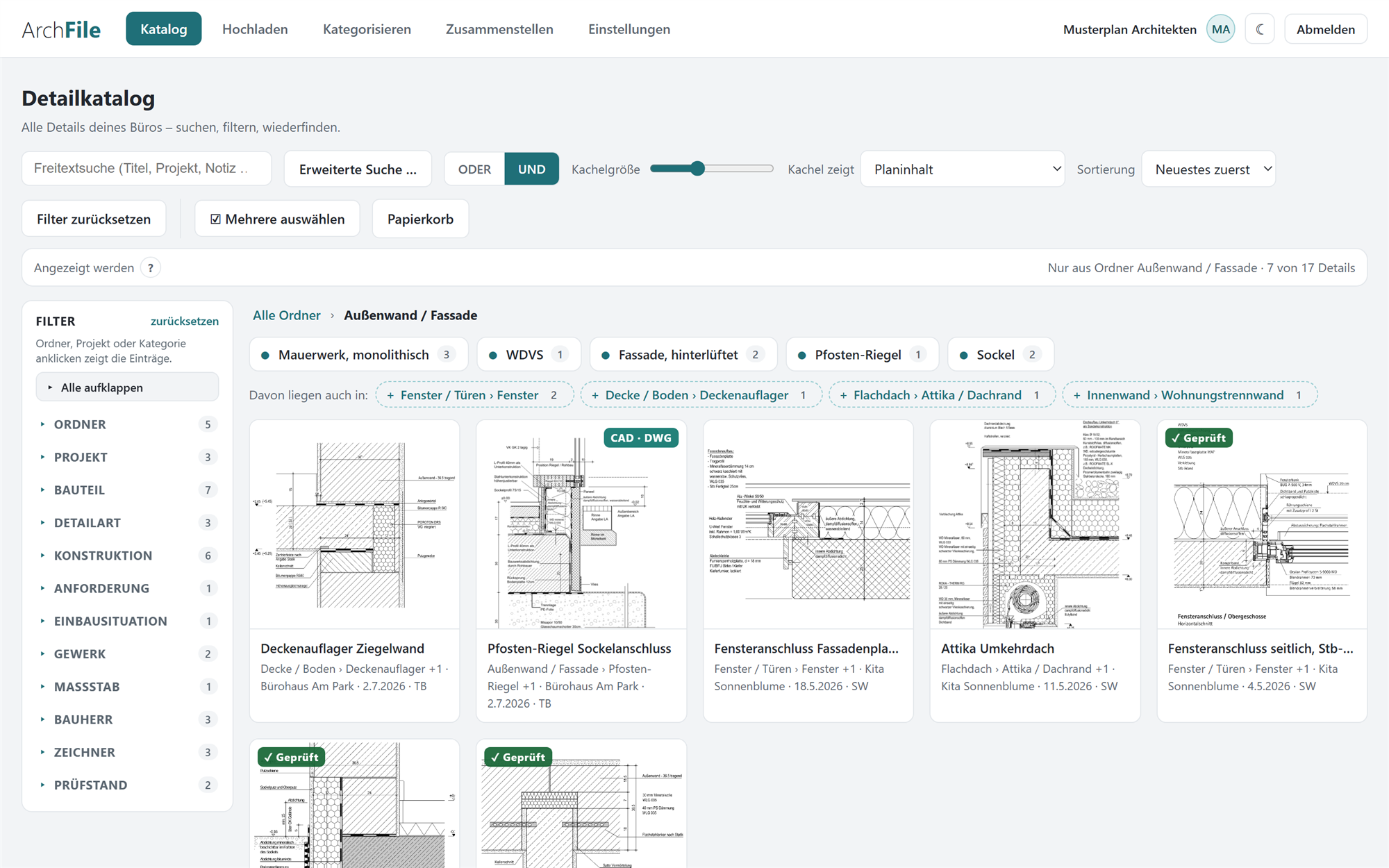Der Katalog: Ordner Außenwand / Fassade geöffnet, darunter die Zeile „Davon liegen auch in“ und die Details als Kacheln